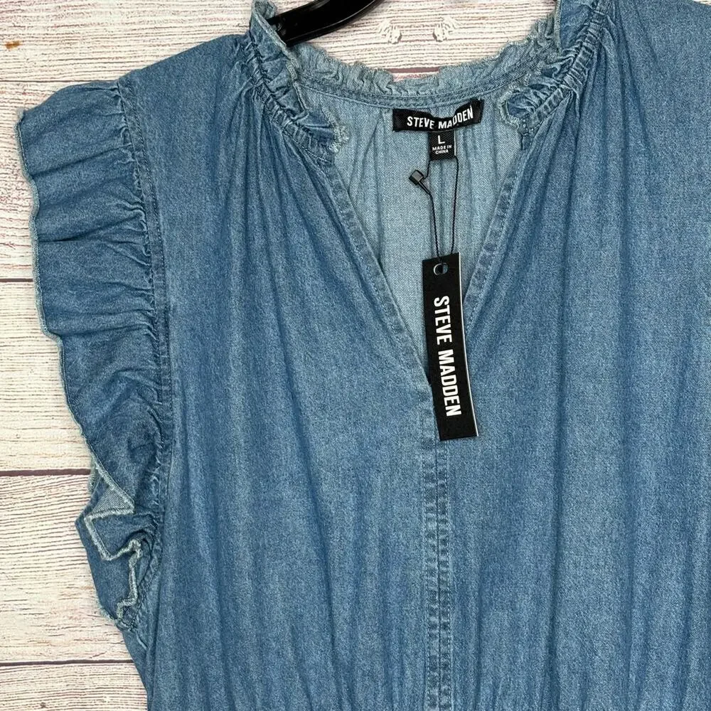 Steve Madden Prairie Dreams Chambray Blue Western Smocked Dress Size Large New - Picture 14 of 14